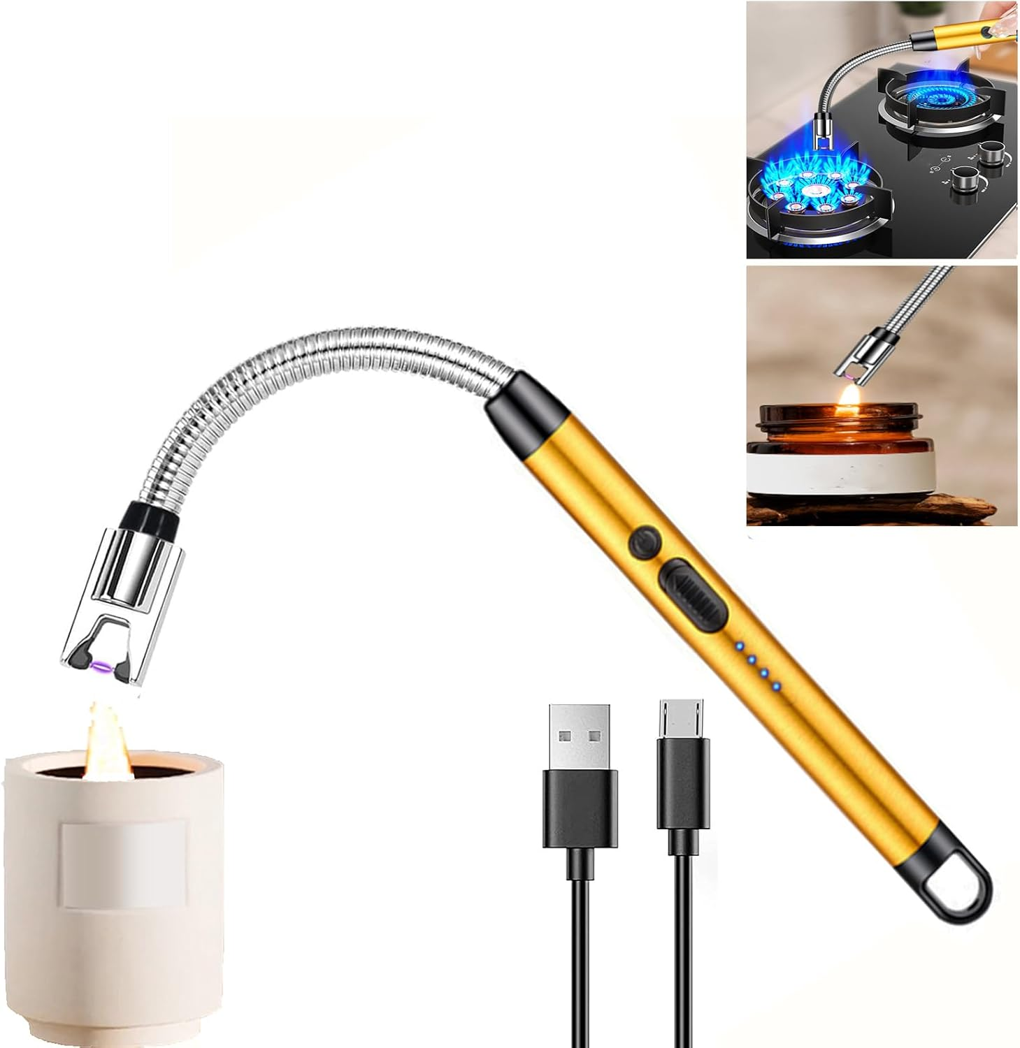 Electric Plasma Candle Lighter Arc Windproof USB Lighter with 360&deg; Flexible Neck, Rechargeable Lighter with Safety Lock for Candle BBQ Camping Stove (Gold)