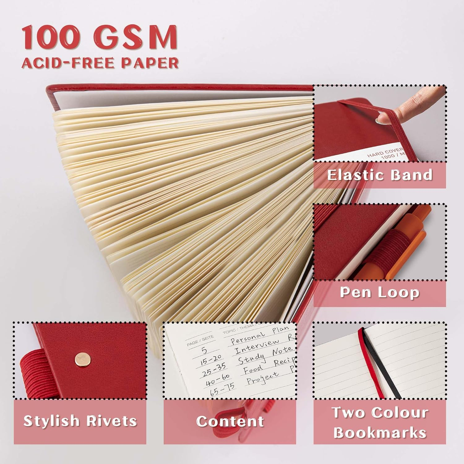 MGGAO A5 Ruled Journal 100 GSM Lined Thick Paper with 188 Numbered Pages Premium Faux Leather Hardcover Notebook for Personal Writing Study Office Travel Recording (Red,Ruled) image number 6