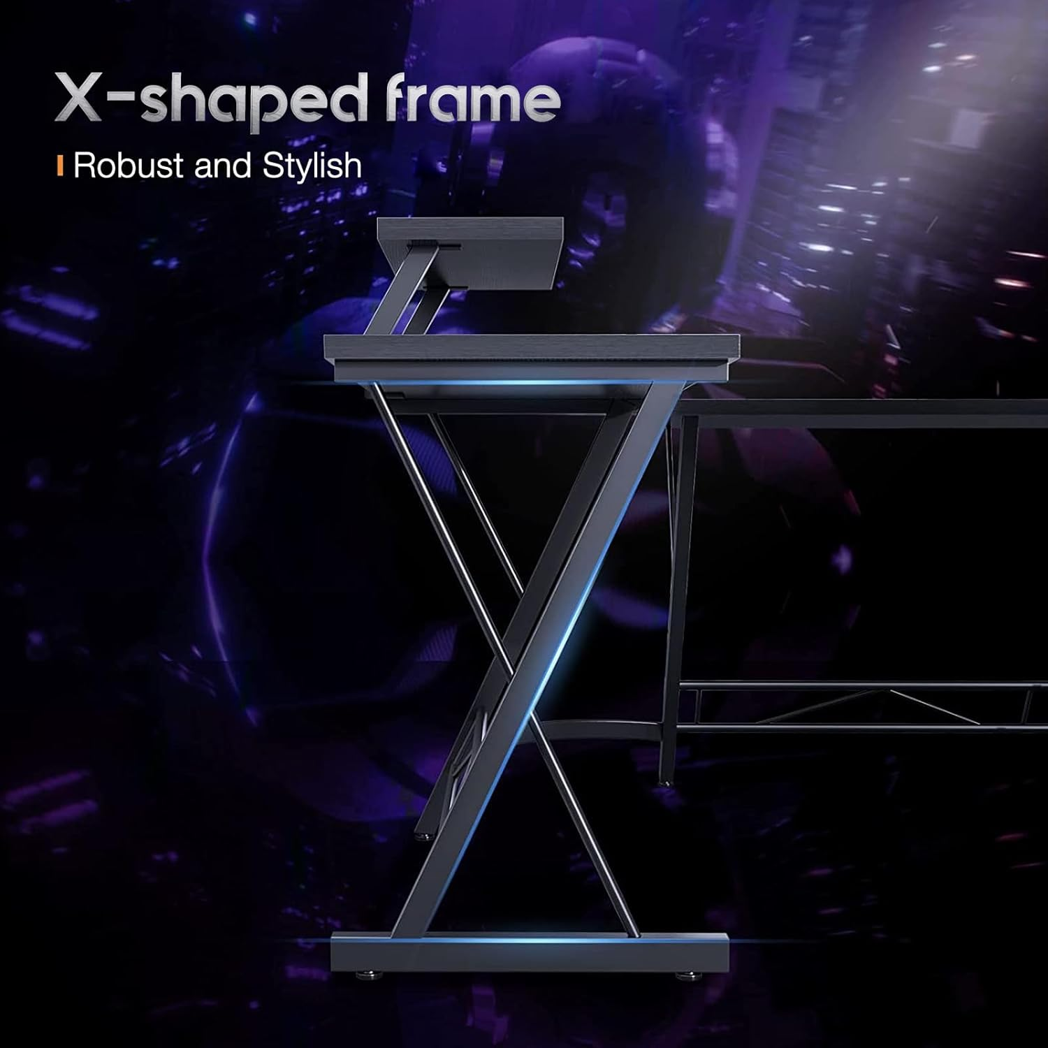 ODK Gaming Desk 127X127X77Cm, L Shaped Desk with Monitor Stand&Storage Bag, Metal Legs, Corner Gaming Table with Headphone Hook for Home Office Bedroom Study, Black image number 3