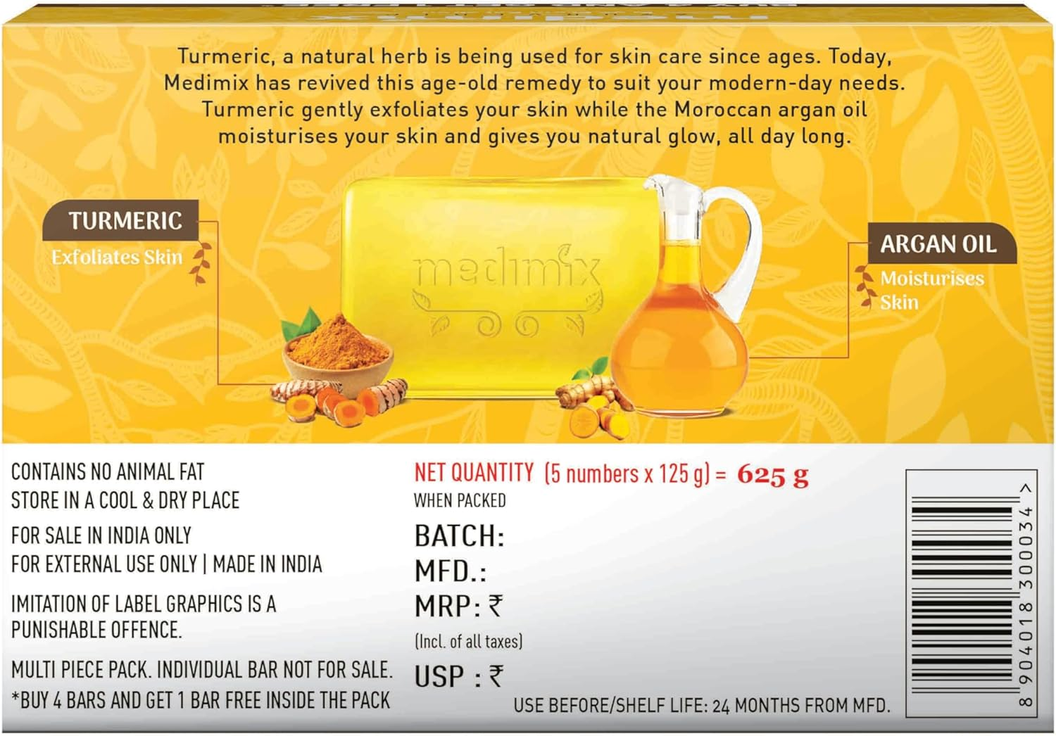 Medimix Ayurvedic Turmeric & Argan Oil Bathing Soap, 125Gm (4+1 Offer Pack) image number 3