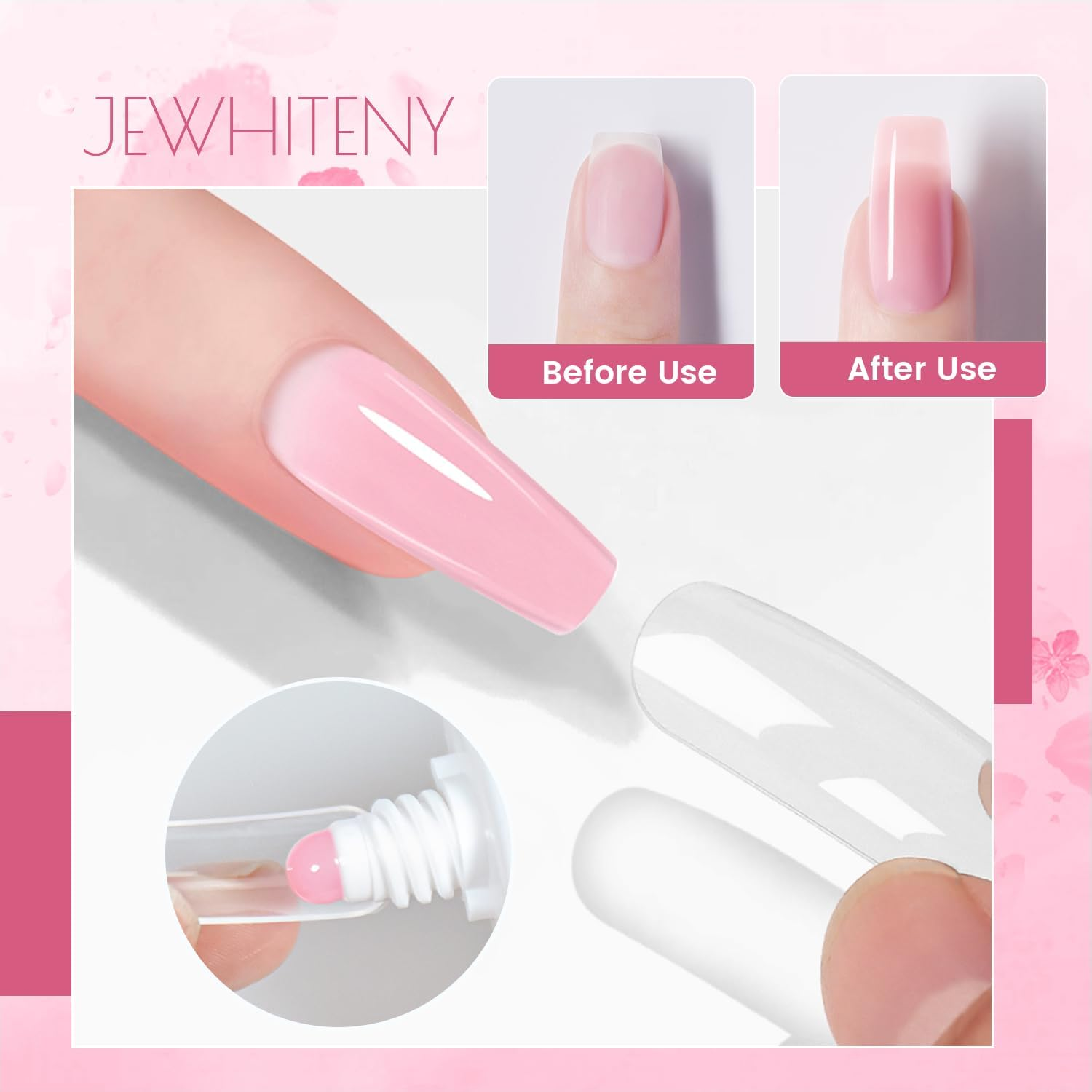 JEWHITENY Clear White Pink Poly Extension Gel Nail Set with Base and Finish for Finger Art and French Manicure Diy at Home, Needs Uv Lamp Healing image number 4