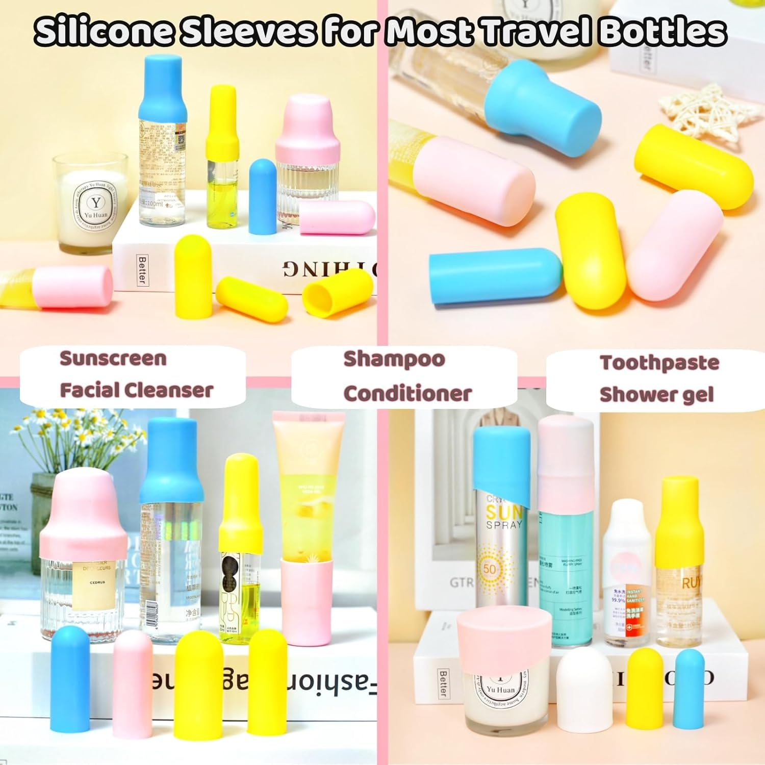 RJDJDLXM 8Pcs Silicone Bottle Covers Medium & Large Size Toiletry Sleeves Travel Essentials for Lotion Shampoo Containers, 4 Colors,Travel Essentials,Elastic Sleeves for Leak Proofing image number 3