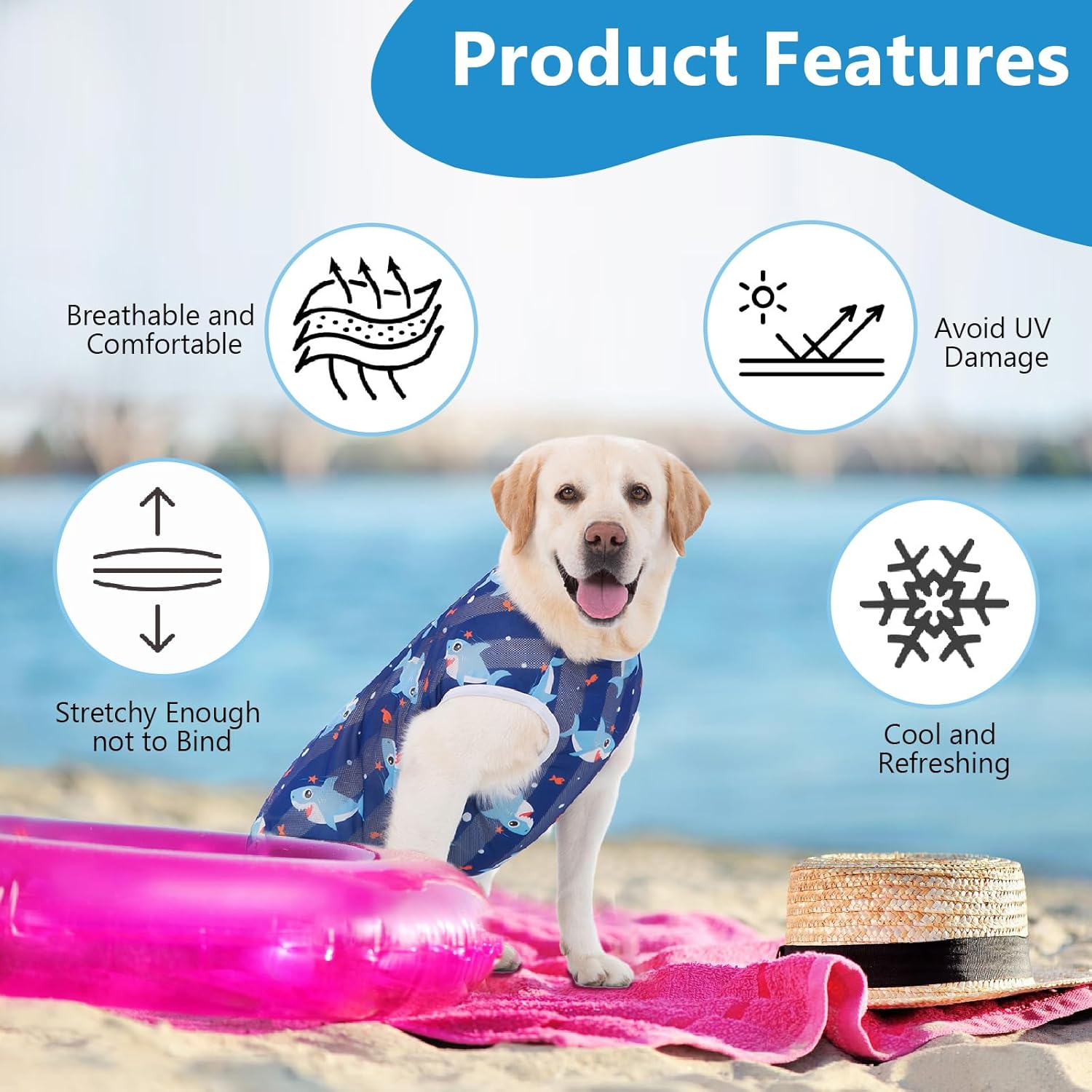 Dog T-Shirt, Cool Vest for Dogs, Lightweight Summer Shirt for Large Dogs, Ultra Thin Stretchy Dog Shirt, UV Protection, Breathable Shirts for Medium and Large Dogs, 3D Shark Print, Beachwear image number 4