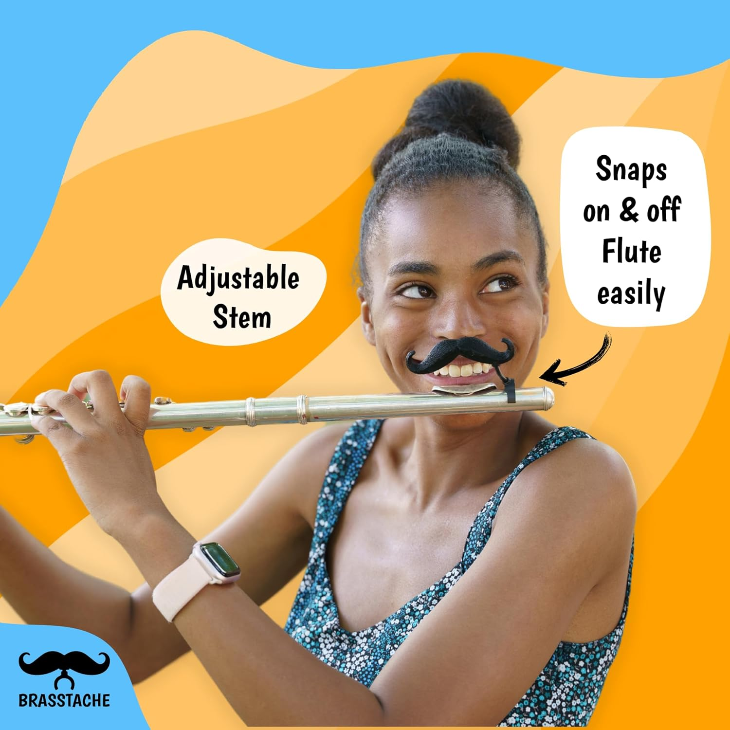 Brasstache the Original Flute-Stache 2.0 - Clip-On Mustache for Flute, XL and Handlebar Combo Version image number 6