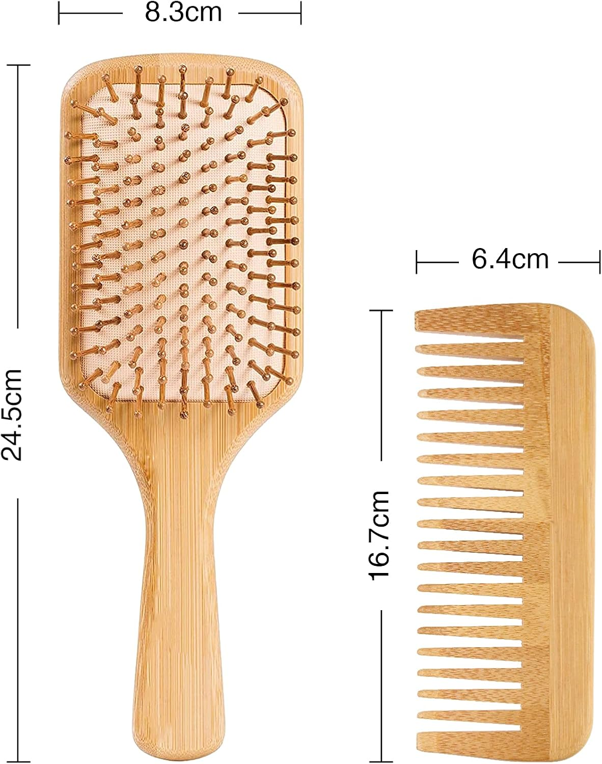 Hair Brush-Natural Wooden Bamboo Detangler Paddle Brush and Comb Set Eco Friendly Hairbrush for Women Men and Kids Thin Long Curly Hair Types and Massage Scalp(2Pcs)
