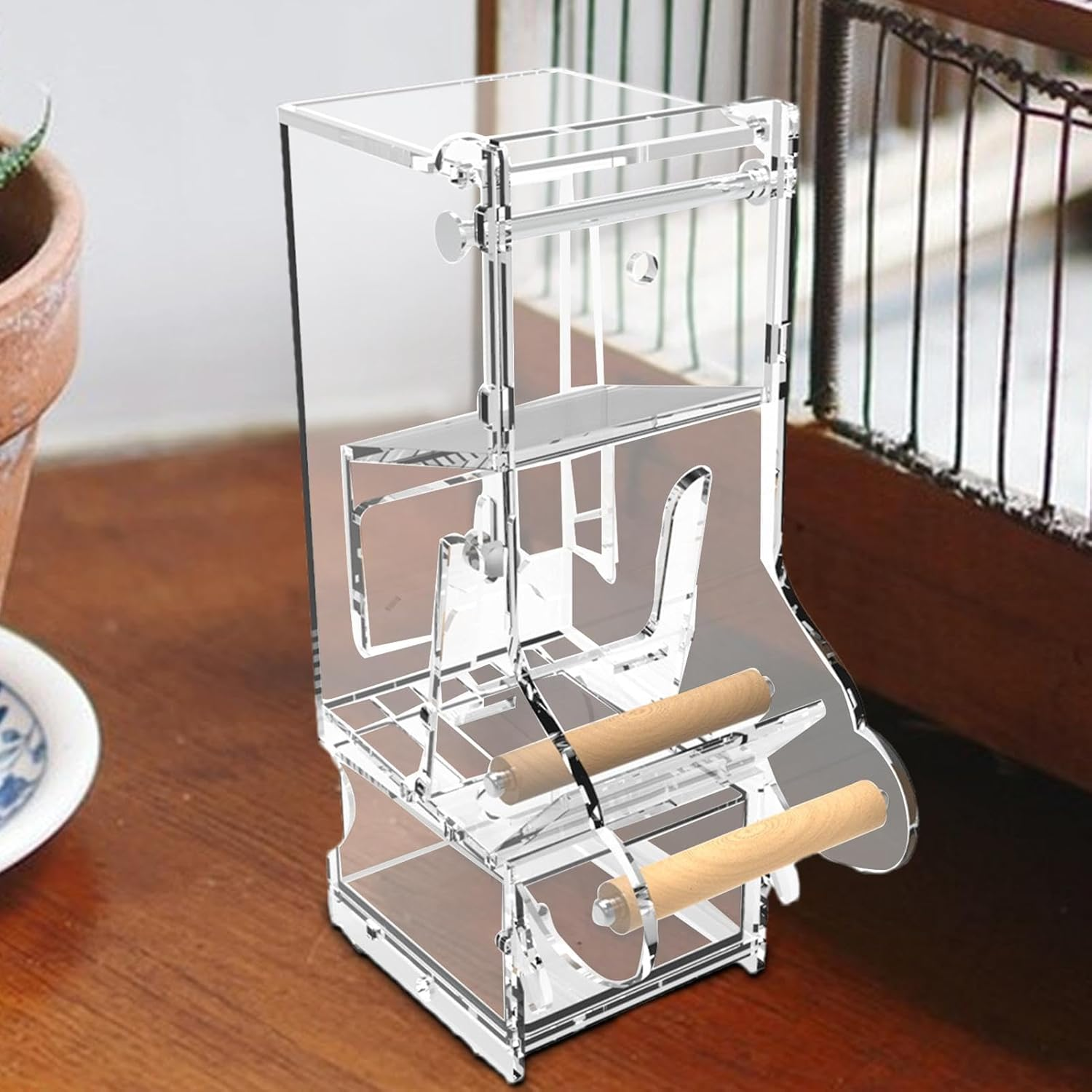 Shurzzesj Automatic Parrot Feeder, Clear Automatic Acrylic Bird Food Container with Perch, Cage Food Dispenser for Cockatiel, Squirrel, Finch, Lovebirds, Budgies, Canary, Parakeets image number 1