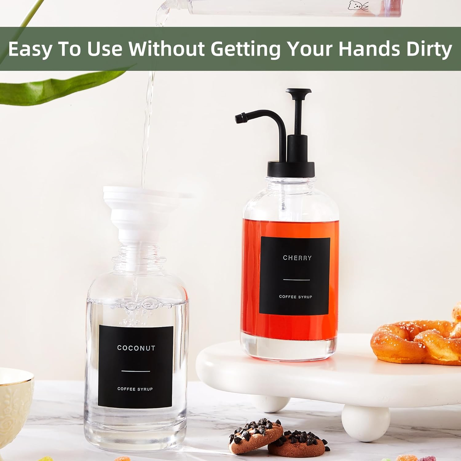 Coffee Syrup Dispensers for Coffee Bar(Set of 4), Coffee Syrup Pump Dispenser for Coffee Bar Accessories, 16.9 Oz Glass Syrup Dispenser with 36 Labels, Coffee Syrup Bottles with Matte Black Pump image number 4