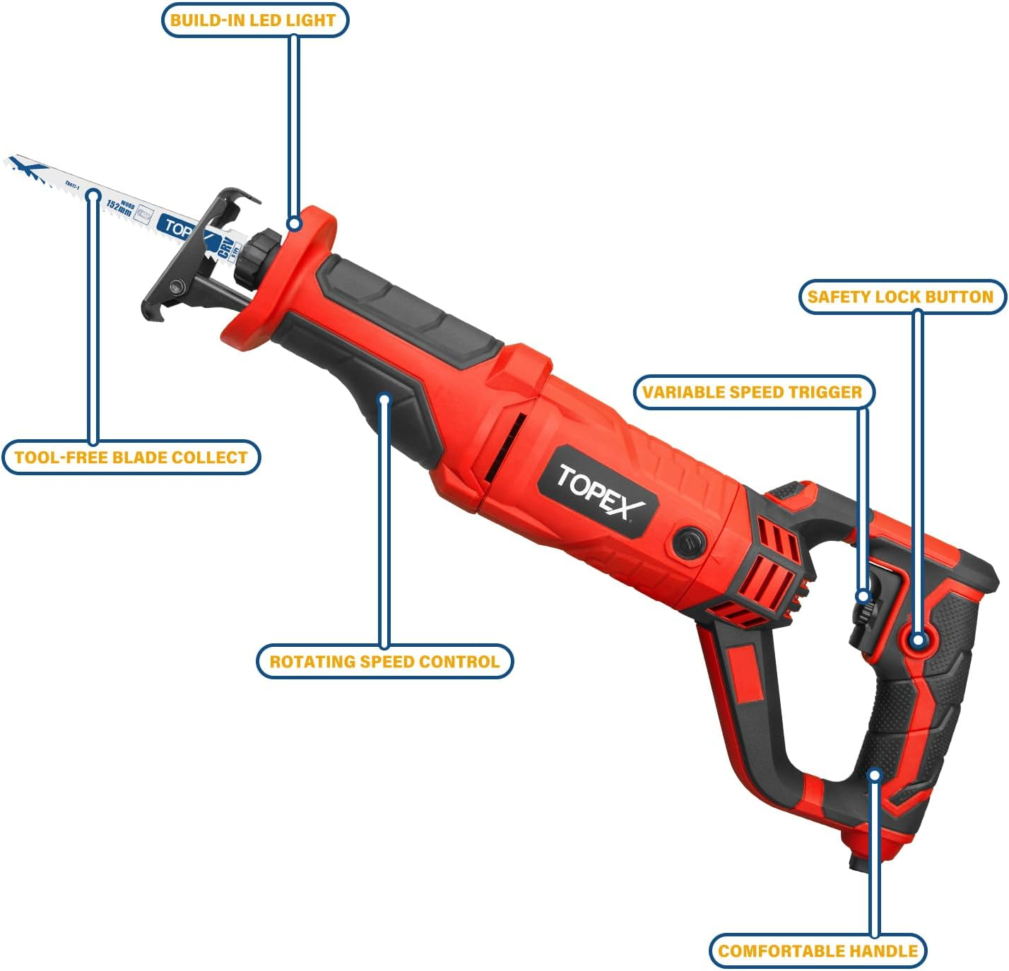 TOPEX Reciprocating Saw, 920W Quickly Cut Depth, 22Mm Stroke Length, Electric Power Cutter Saw Cutting Saw with Sawblade for Cutting Drywall, Wood, Metel, Plastic, Plywood image number 6