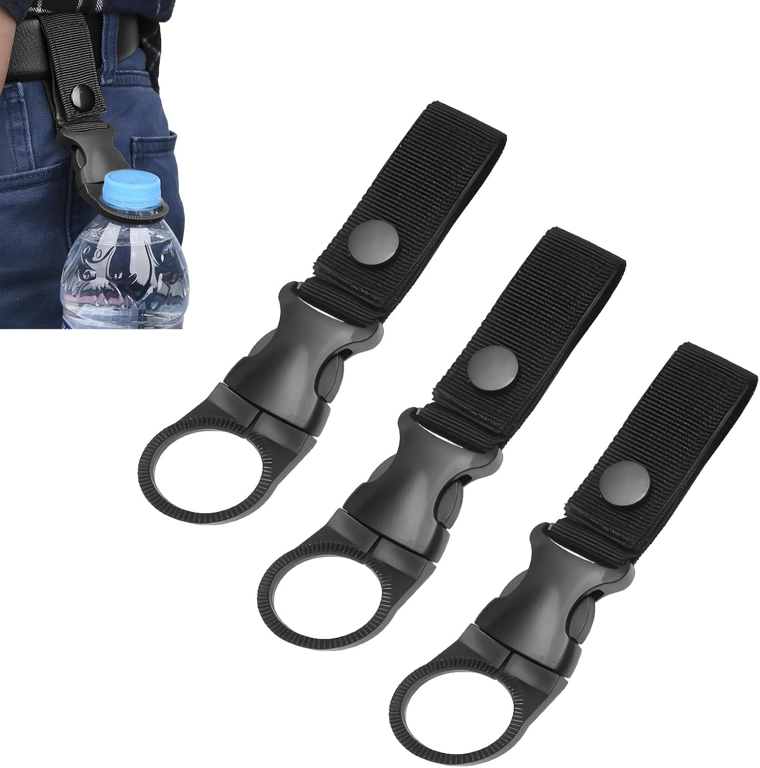 3 Pcs Water Bottle Holder with Belt Clip,Adjustable Hanging Buckle Clip for Backpack & Belt,Hands-Free Outdoor Accessories for Hiking, Camping (Black) image number 4