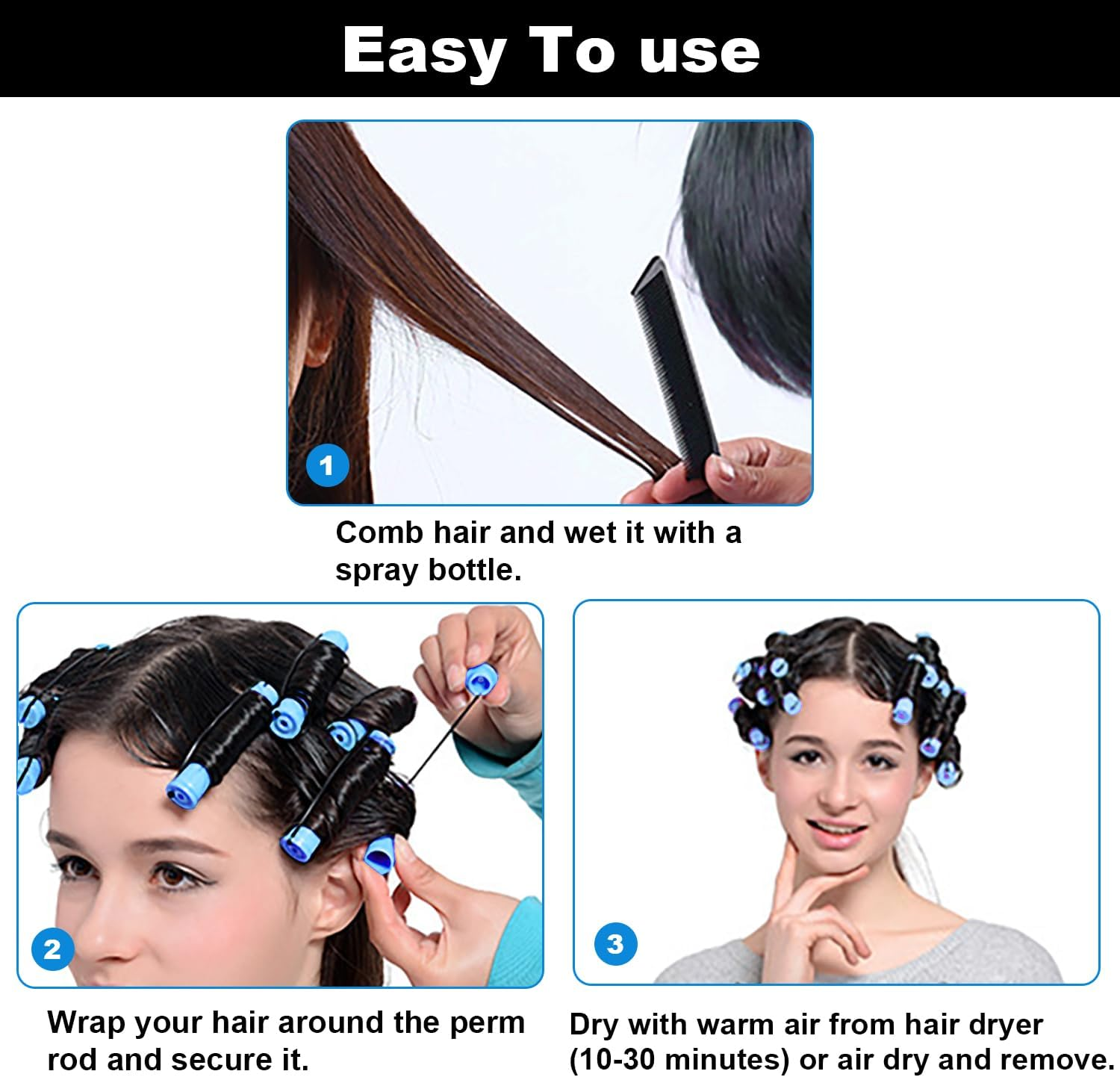 Pack of 50 Small Curls, Perm Set Curlers Hair Wave Rods Curlers for Perm Short Cold Wave Bars with Rat Tail Comb, for Hairdresser (Blue, Diameter 0.35 Inches) image number 3