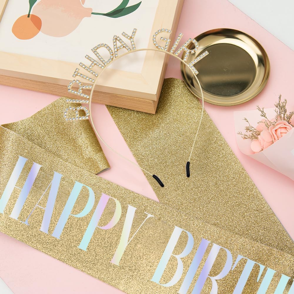 Birthday Sash and Crown, Girl Headband Tiara Rhinestone, Happy Birthday Sash, Glitter Golden Yellow Accessories Set, Party Decorations, Supplies Stuff Gifts for Girls Princess Queen Women Adult Woman image number 4