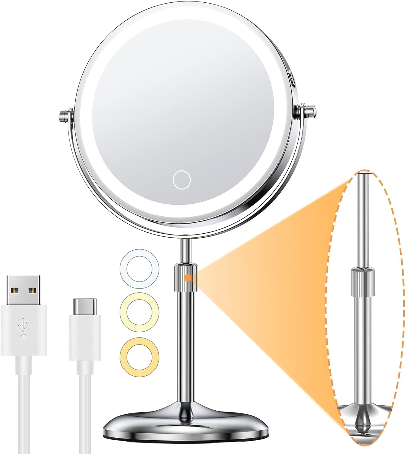 Gospire 7" Lighted Makeup Mirror with Magnification 10X/1X, Height Adjustable & 3 Color Dimmable Lights, 360&deg; Swivel Double Sided Light up Rechargeable LED Cosmetic Vanity Cordless Standing Mirror