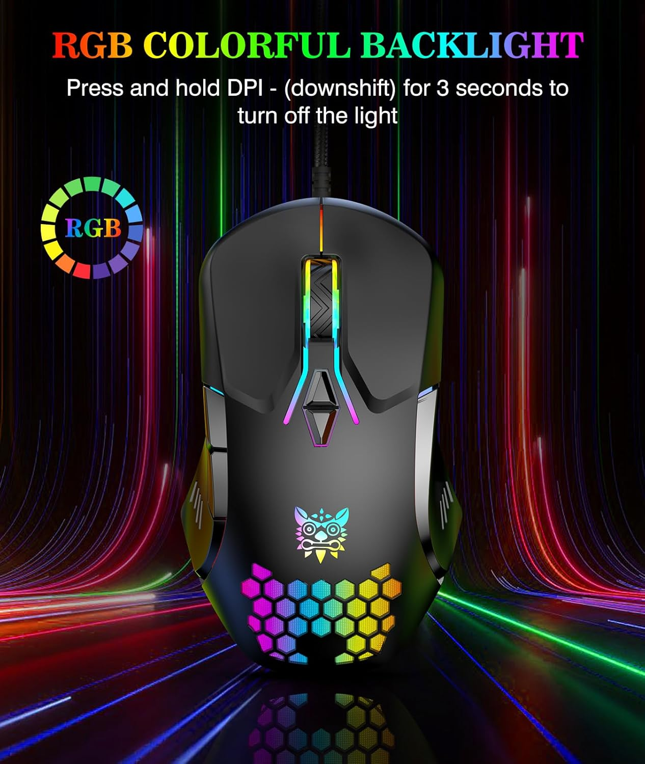 Gaming Mouse, Wired PC Entry Level Mouse with RGB Backlit and Adjustable DPI, Ergonomic Office Laptop Mouse, Computer Gamer Mouse with 7 Responsive Buttons for Windows/Mac/Linux/Chrome image number 3