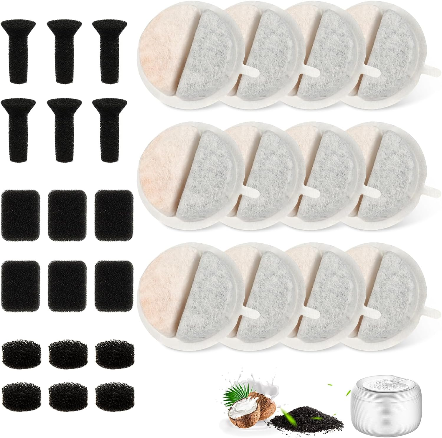 12 Pack Cat Water Fountain Filters Replacement for Nugget and Feelneedy Pet Water Dispenser, Triple Filtration System with Activated Charcoal and Ion Exchange Resin, Including 18 Pre-Filter Sponges image number 6