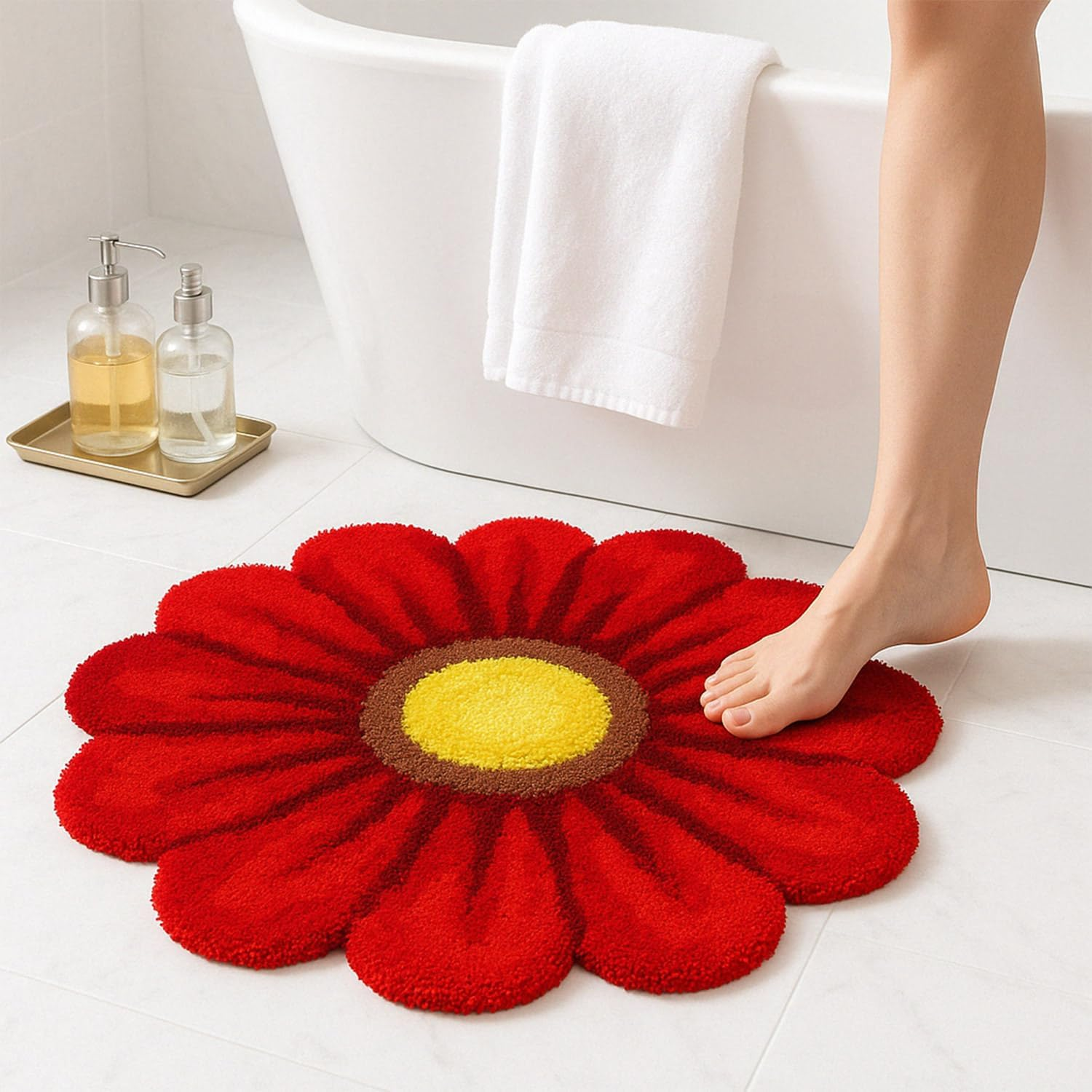 Feblilac Red Flowers Bath Rug, Floral Mat for Bathroom Cute Plant Non-Slip Floor Mats, Washable Microfiber Carpet for Living Room Home Fast Dry Area Rug - Grey image number 5