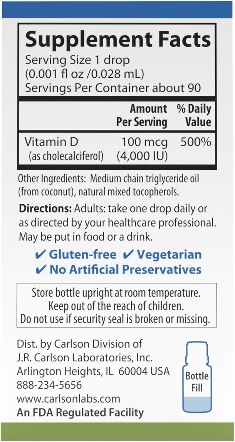 Carlson - Super Daily D3 4,000 IU (100 Mcg) per Drop, Vitamin D Drops, Immune Support, Heart Health, Liquid Vitamin D3, Unflavored, 90 Drops image number 3