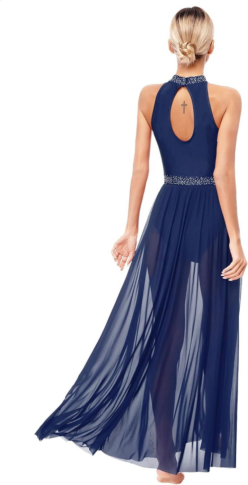 Manyakai Women'S Rhinestones Halter Neck Lyrical Dance Dress Gymnastic Dance Leotard Maxi Dress Flowy Tulle Dress image number 5