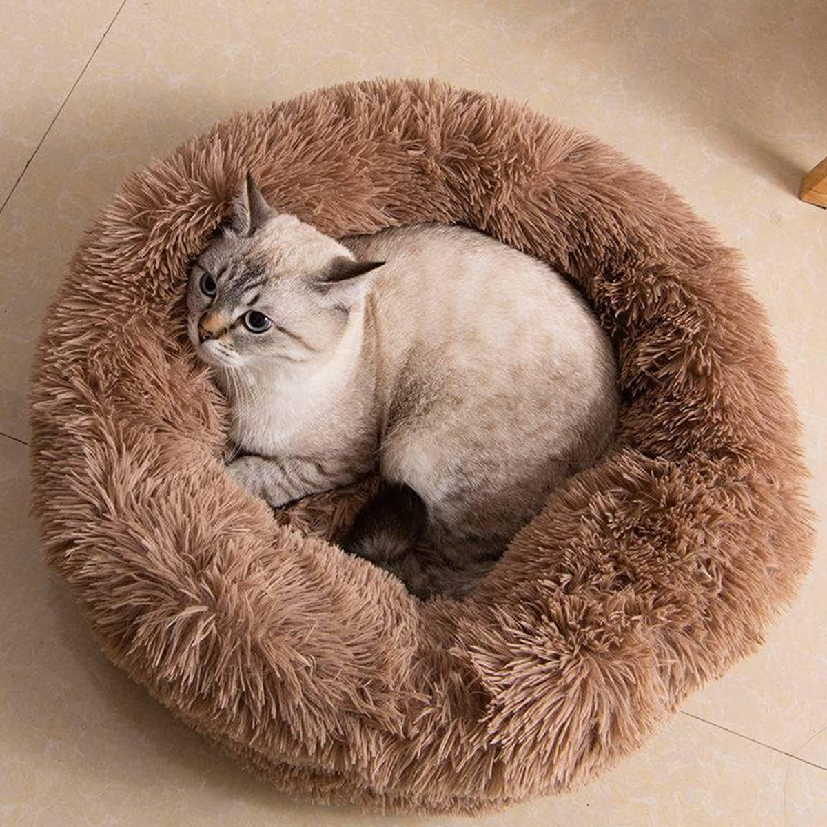 Donut Cat Bed, Faux Plush Dog Beds for Medium Small Dogs - Self Warming Indoor round Pillow Cuddle Washable Dog Bed Cat Bed Diameter16In
