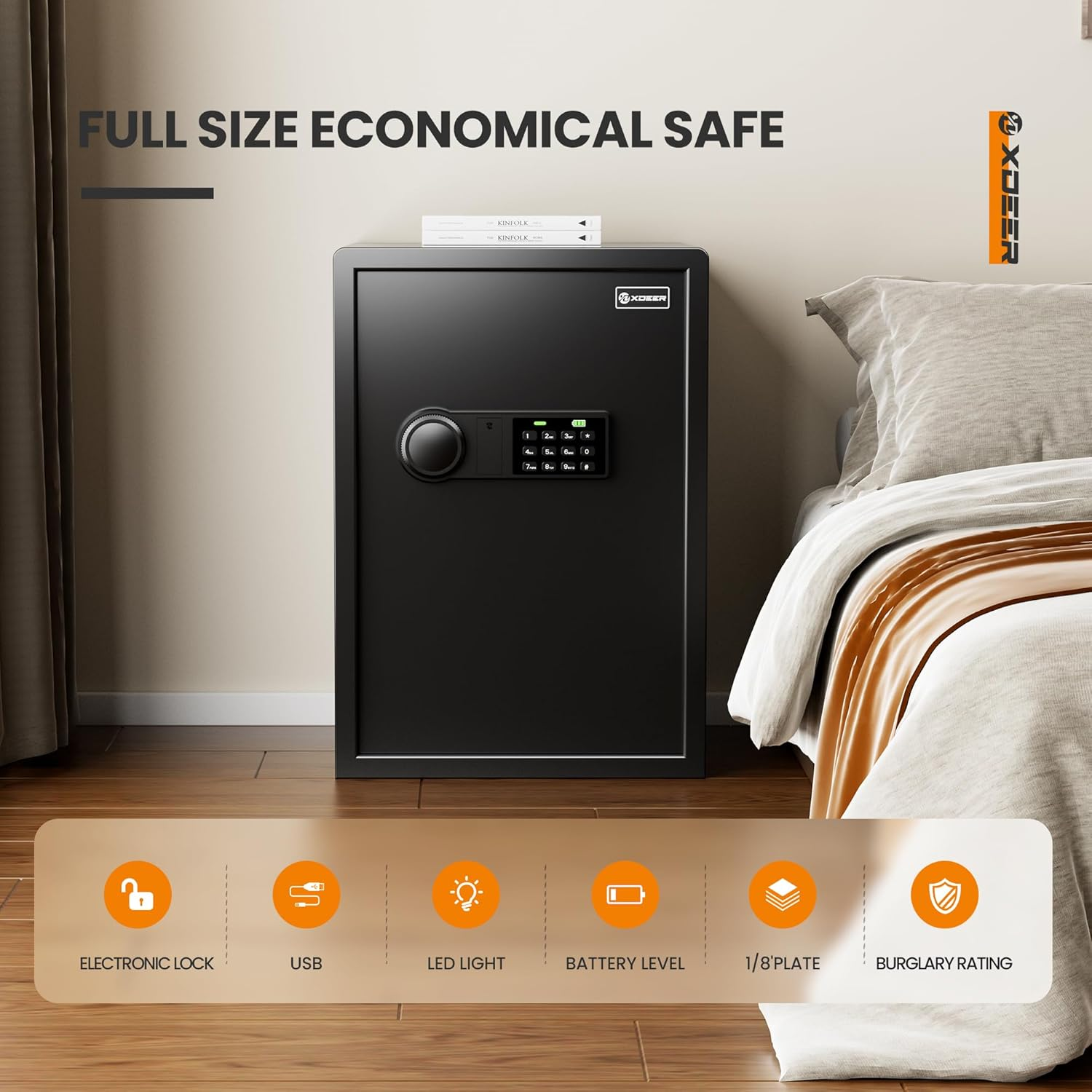 Xdeer CS50E Lock Home Safe Box - (2.04 Cubic Feet) with Electronic Digital Keypad, Steel Construction for Money, Guns, Document Safe, and Personal Items - Secure Storage at Home or Office image number 3
