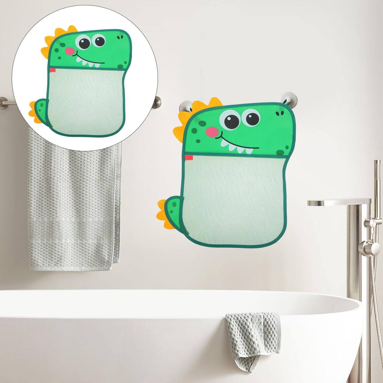 Dinosaur Suction Cup Storage Bag - Creative Green Breathable Mesh Toy Organizer with Hanging Hook for Kids Bathroom and Home Use image number 1