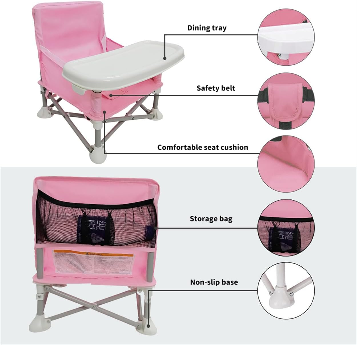 Baby Booster Seat, Toddler High Chair, Portable Baby Seat Travel, Compact Folding Portable Highchair for Indoor/Outdoor Dining, Camping, Park, Beach (Pink) image number 6