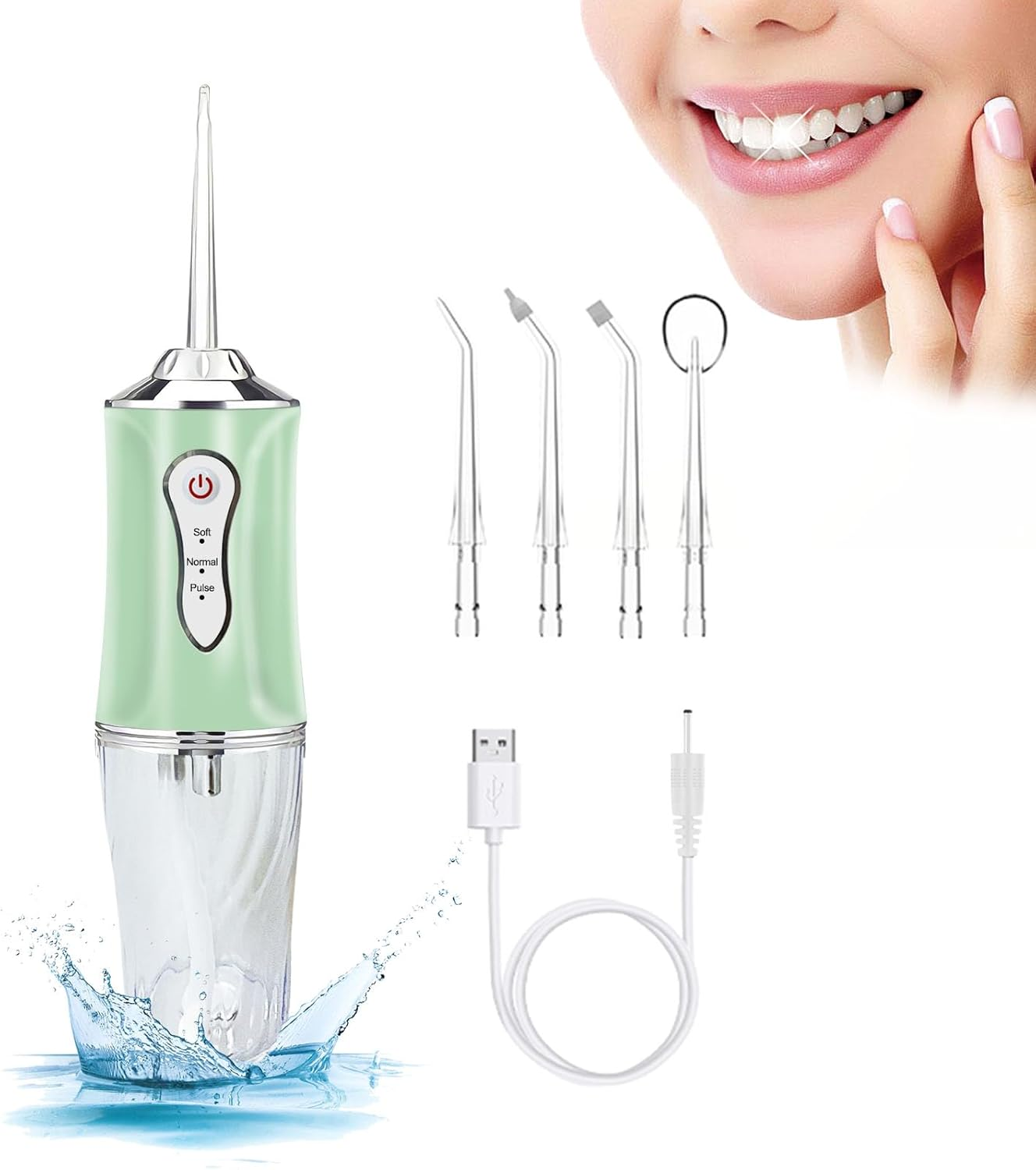 Water Flosser,Cordless Water Dental Cleaner Choice of 4 Tips, IPX7 Waterproof Rechargeable Portable Powerful Battery Water Flosser for Travel and Home Braces and Bridge Care (Green) image number 1