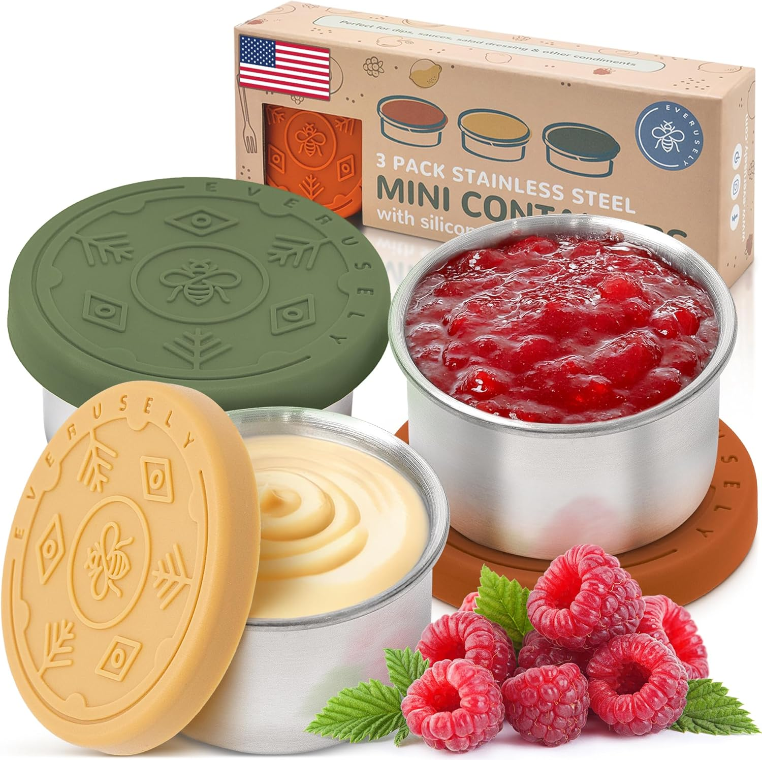 Everusely 3 X 1.7Oz Leakproof Salad Dressing Container to Go, Stainless Steel Small Condiment Containers with Lids, Sauce Containers for Lunch Box, Dressing Cups with Lids, Dip Containers, Sauce Cups