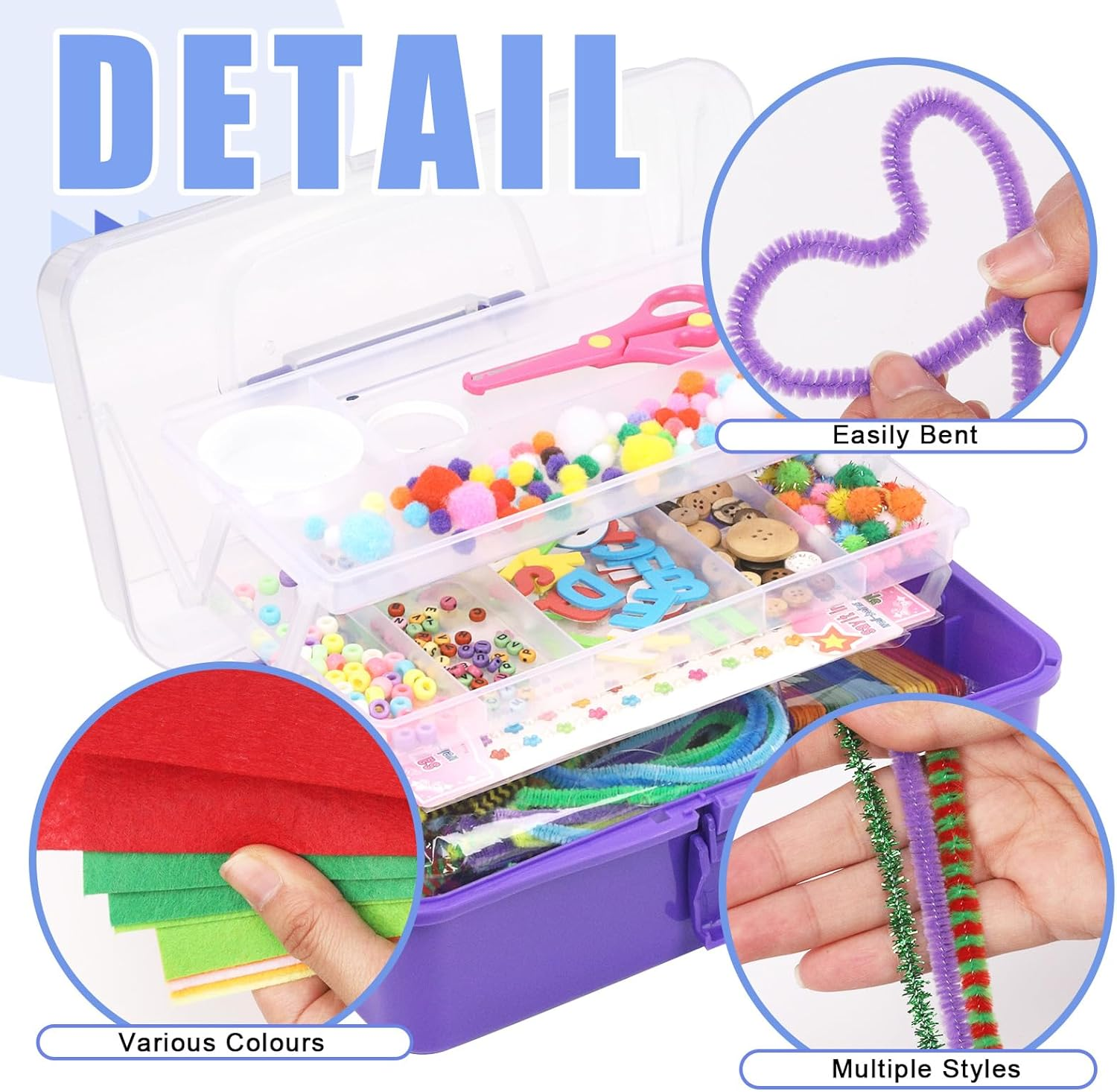 Glarks 917Pcs Purple Craft Arts Supply Kit, Crafting Supplies with 3Pcs Installed Tools Set in Portable 3 Layered Plastic Box for DIY Project image number 4