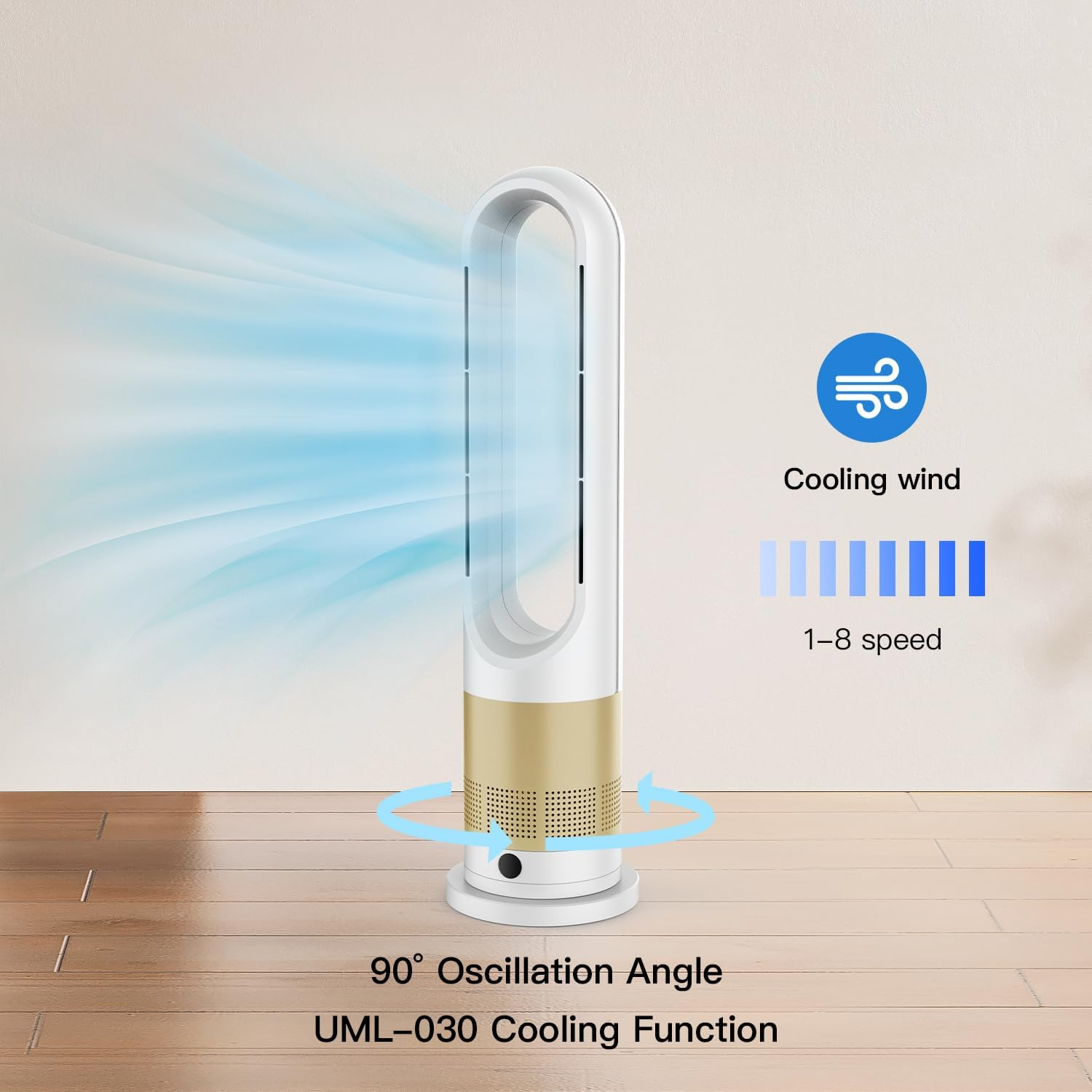 Bladeless Fan,26.5Inch Heating & Cooling Combo Tower Fan 80&deg; Oscillating, 9H Timer, 8 Speeds, Portable Quiet for Indoor, Bedroom, Home Office Room (Gold&White, 26.5 Inch Heating & Cooling) image number 6