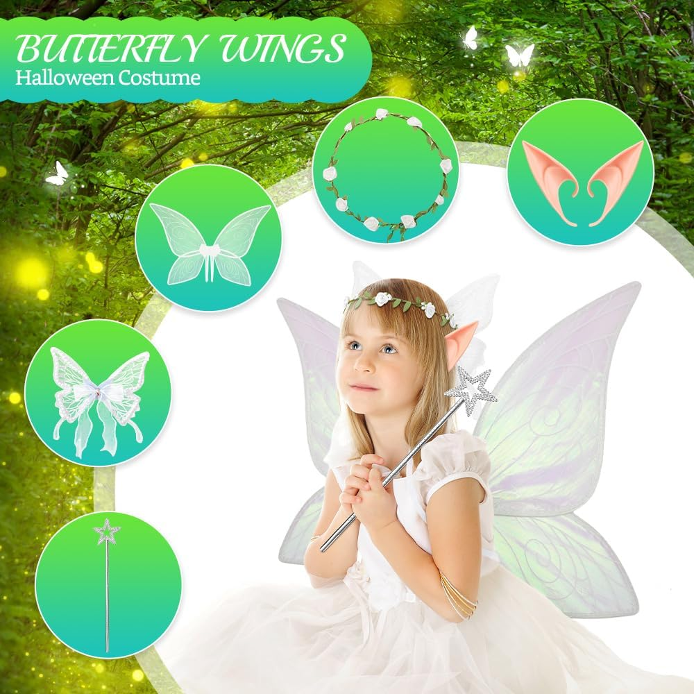 Slowton Fairy Wings Set - 5PCS Butterfly Wings Costume for Adults Girls Women with Angel Butterfly Fairy Ears Floral Crown Halloween Costume Angel Princess Cosplay Role Play Dress up Party image number 6