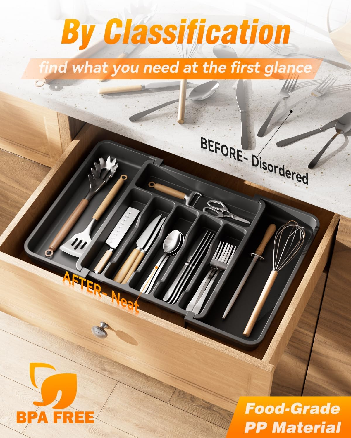 Billord Cutlery Drawer Organiser Tray - Large Kitchen Utensil Drawer Organisers, Expandable Kitchen Draw Organizer Adjustable 33-57Cm for Silverware and Flatware Holder, Plastic Storage Dividers image number 5