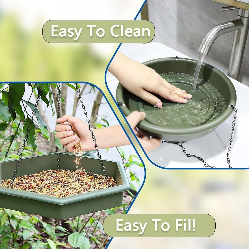 2-In-1 Hanging Bird Feeder & Bath | 12" Squirrel-Proof Tray with Drain Holes | Weatherproof PP for Outdoor Garden Decor,Hanging Bird Bath、Bird Feeder Tray