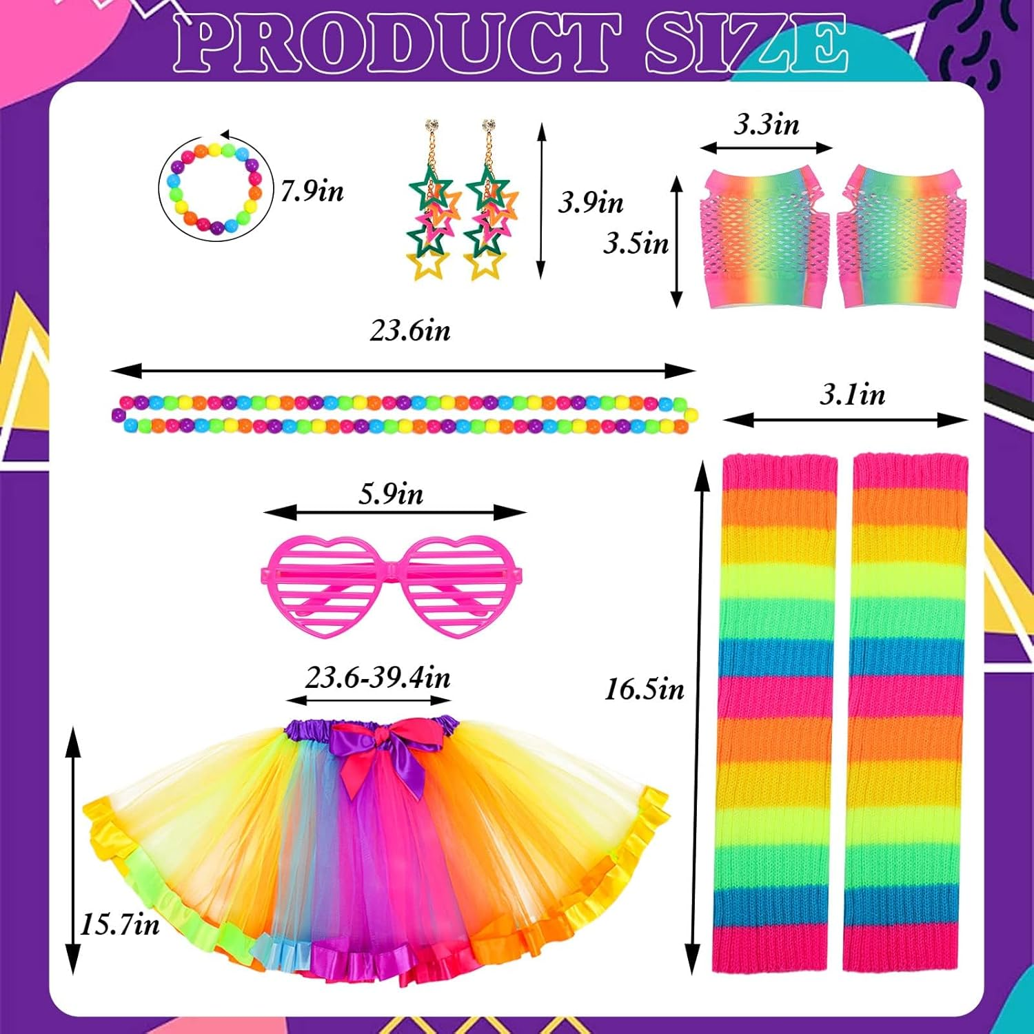 Hapurs 80S Fancy Dress for Women, 80S Costume Accessories Set Neon Rainbow Tutu Skirts Leg Warmers Gloves Glasses Bracelet Necklace Retro Party Costume image number 6