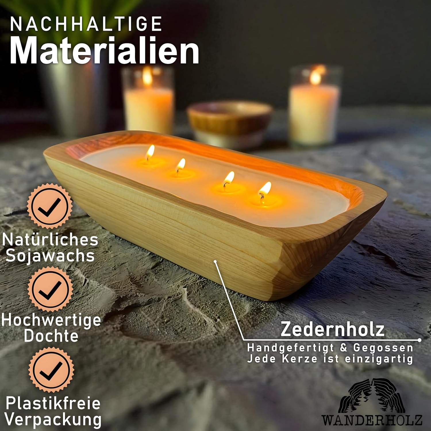 Wanderholz Soy Wax Candle in a Cedar Wood Bowl - Sustainable Multi-Wick Candle with Soy Wax Four-Wick Candle Wax Soy Candle Candles Gift Large Decorative Living Room Candle Decoration Modern image number 6