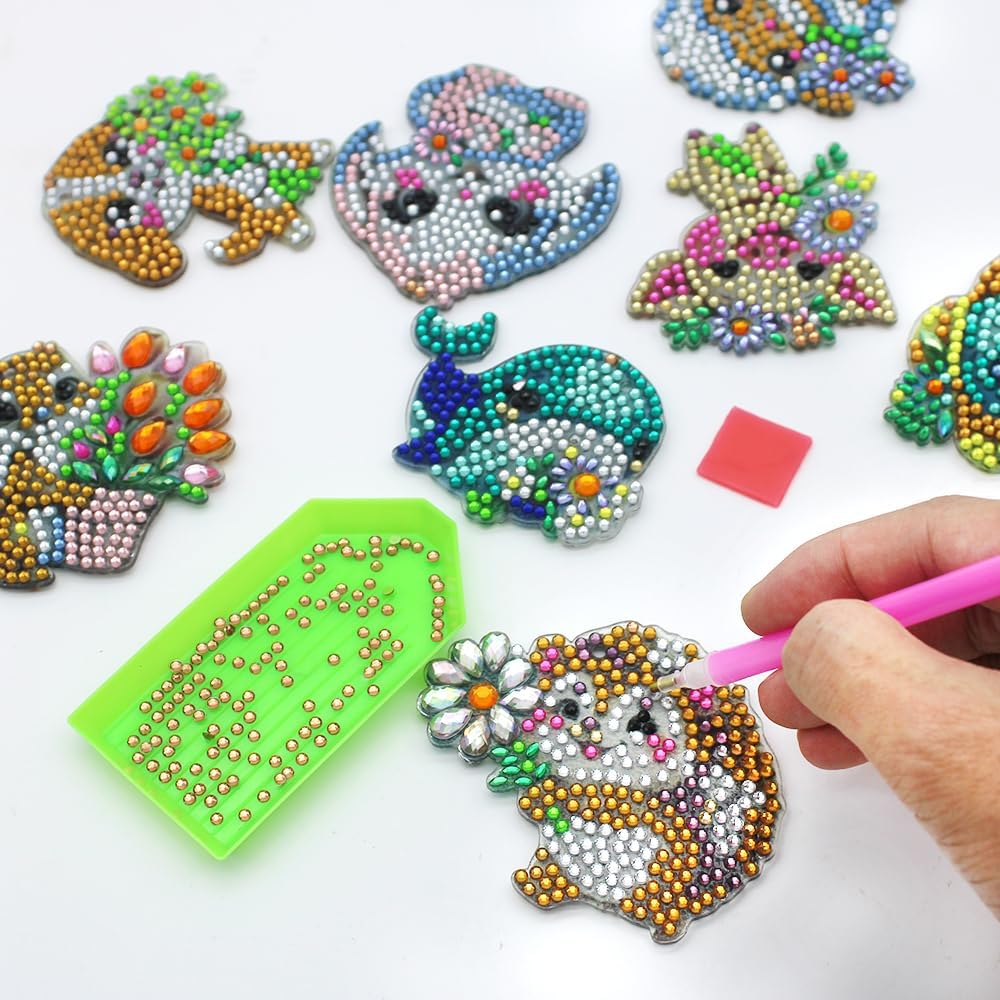 8 PCS Animal Diamond Art Painting Keychains Kits, Finegood 5D Diamond Art Suncatcher Kits Crystal Diamond Keychains, DIY Carft for Hanging Ornament image number 4