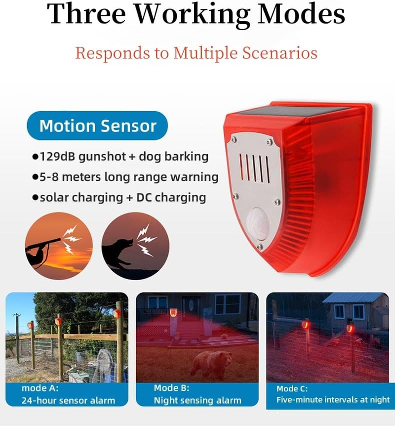 Lancoon Solar Security Alarm Lights Motion Sensor 129Db Loud IP65 Waterproof Light Strobe Light Warning Lamp Gunshot Sounds & Barking Sound for Outdoor Yard Barn - Red image number 3