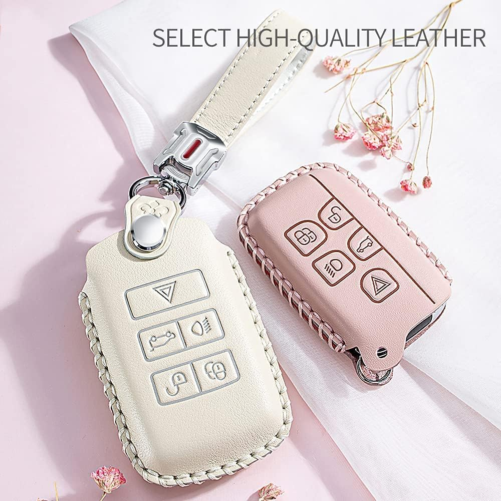 Ontto Leather Car Key Fob Cover Keyring for Land Rover Defender Discovery Evoque LR4 Range Rover Sport Jaguar 5-Buttons Accessories Key Case Keychain Remote Key Shell Key Holder Protector Beige A image number 4
