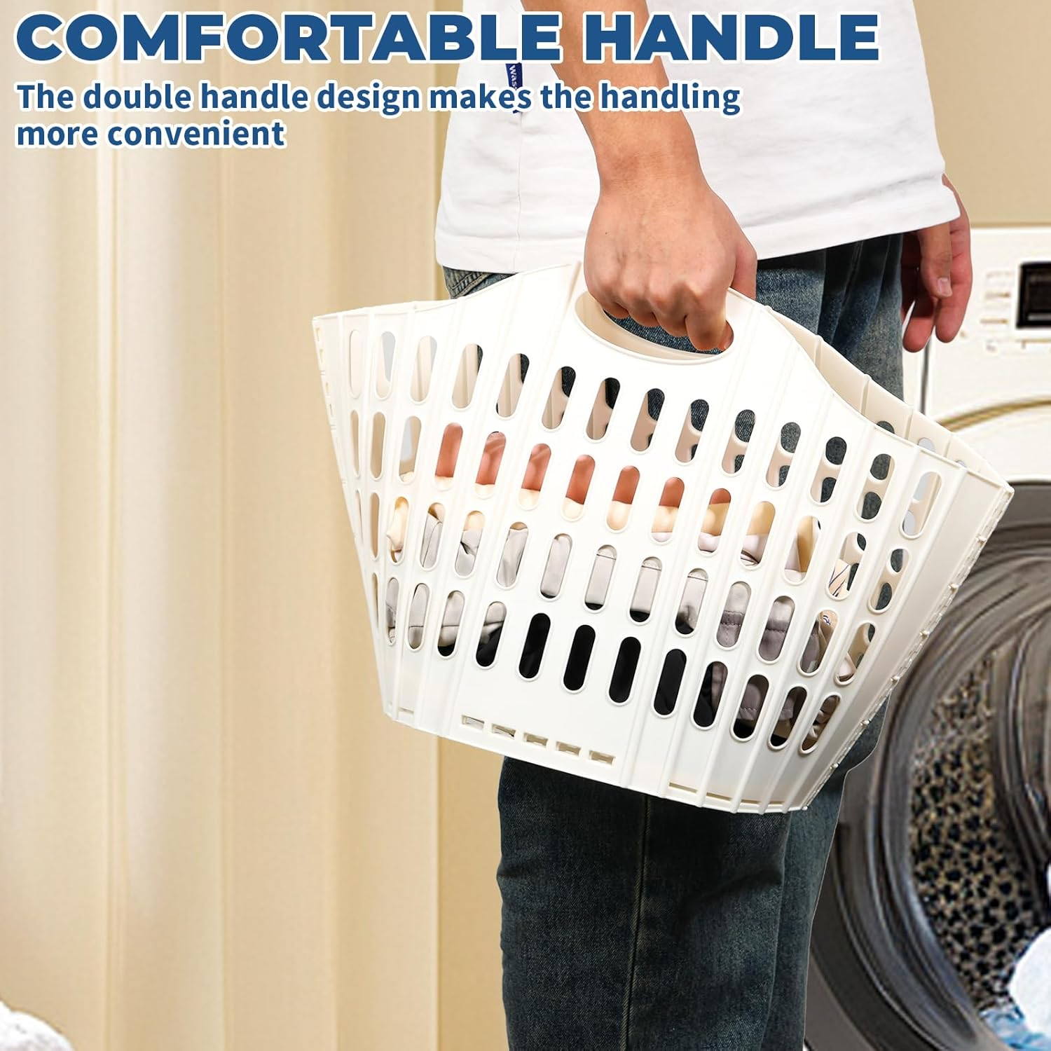 Djapwpx-Collapsible Laundry Basket with Carry Handle, Space Saving Foldable Laundry Basket, Plastic Collapsible Laundry Hamper, Multipurpose Collapsible Laundry Caddy for Easy Storage (Beige) image number 5