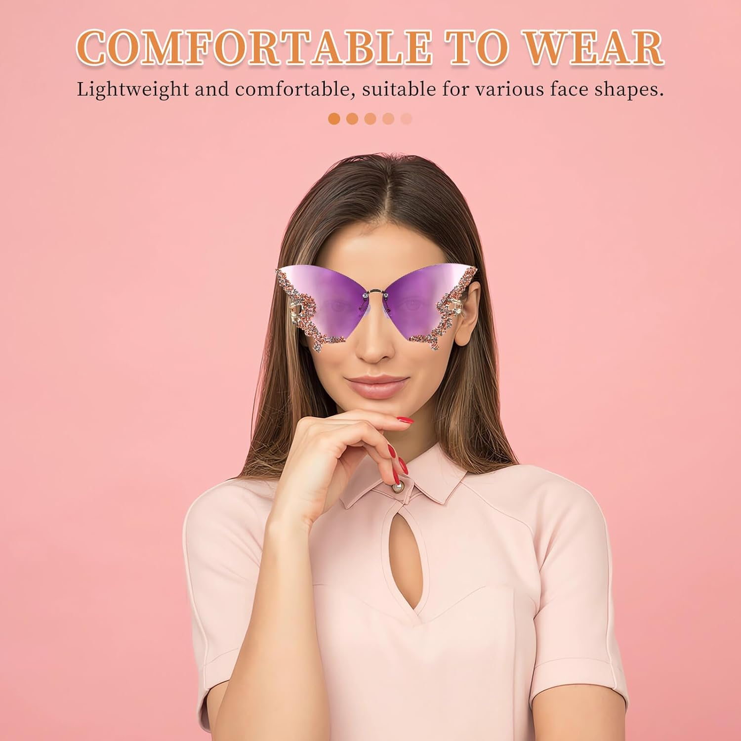 Yardenfun 4Pcs Rhinestone Butterfly Sunglasses for Women Lightweight Rimless UV Protection Retro Style for Beach Parties Festivals and Everyday Wear image number 1