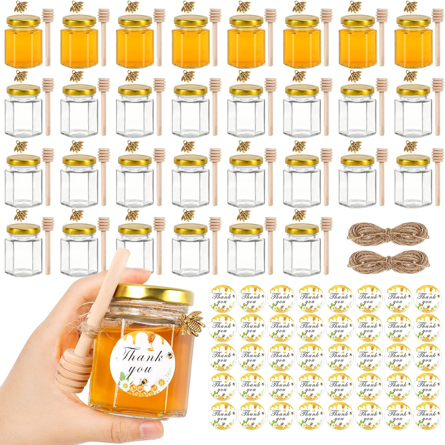 Aurotrends 3Oz Mini Honey Jars with Dipper 30Pack, Glass for Baby Shower Favors/ Wedding Favors Guests Bulk-Mini Wooden Dippers/ Bee Charms/ Thankyou Stickers/ Jute Twine (3Oz-30Pack) ,Gold image number 3