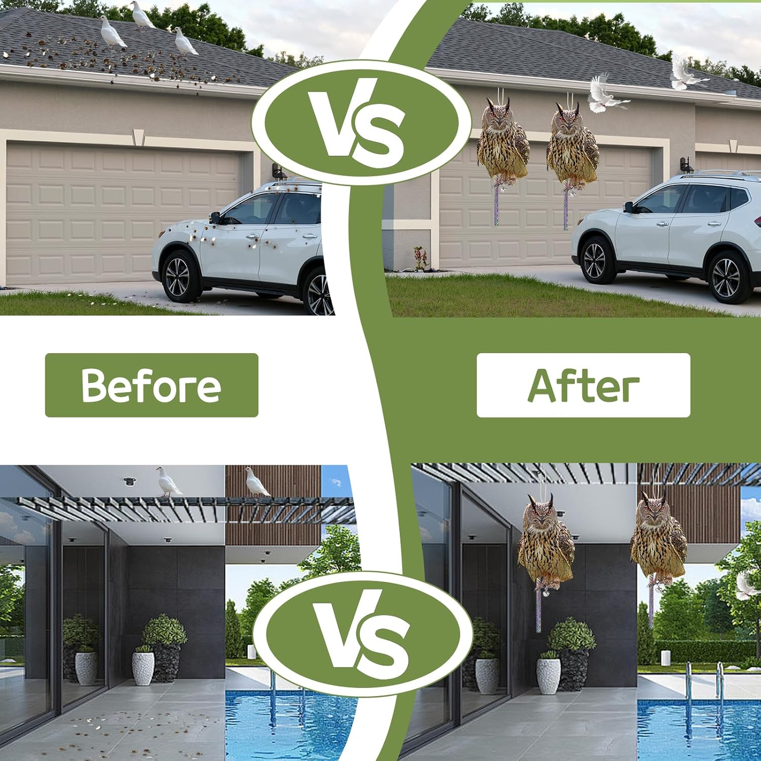 Kungfu Mall 4PCS Fake Owl, Garden Owl, Plastic Owls, Reflective Hanging Decoration, Effective Control Device with Reflective Tape for Garden Patio Windows Tree