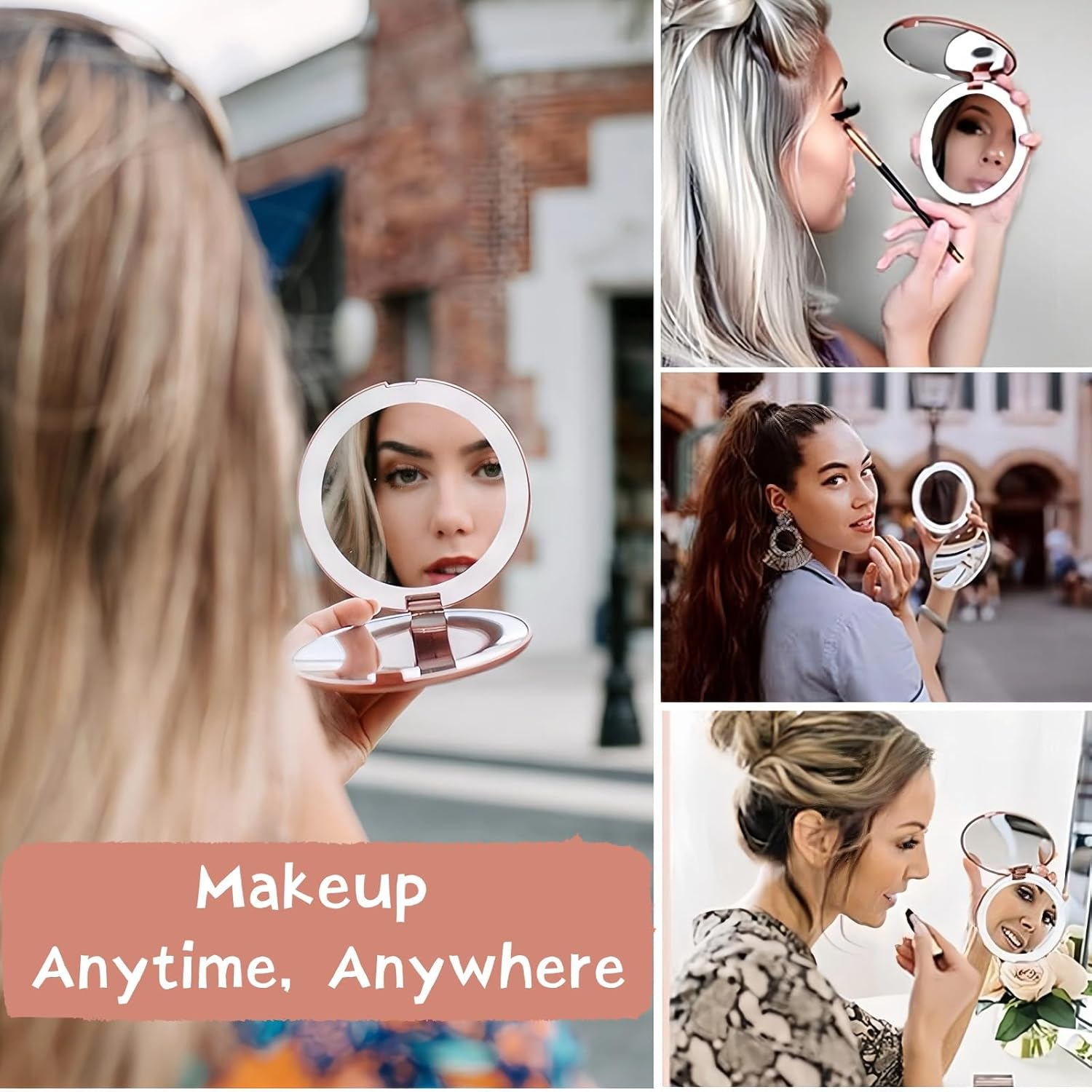 Pocket Mirror, 5X Magnification LED Compact Travel Makeup Mirror with Light for Purse, 2-Sided, Portable, Folding, Handheld, 3.5 Inch Illuminated,Small Lighted Mirror for Gift, Pink image number 1