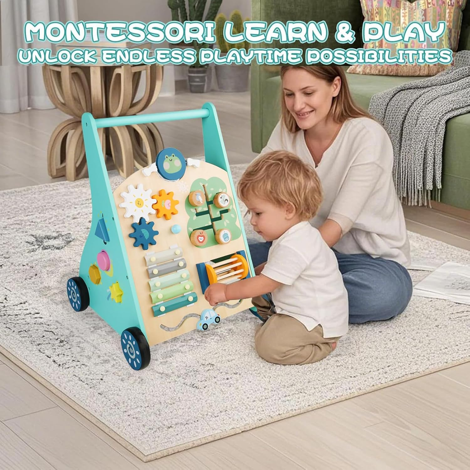 Wooden Baby Walker, Baby Push Walker, Montessori Walker Toy, Push and Pull Learning Activity Center, Walking Toys for 6-12 Months+ Baby Learning to Walk image number 1