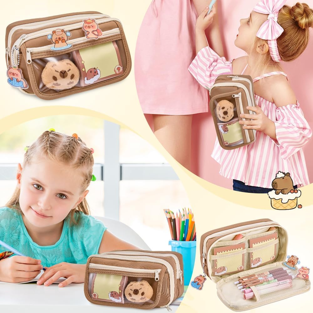 WOTOW Cute Capybara Pencil Case, Large Capacity 9-Compartment Pencil Pouch, Including Plush Brooch, Pendant, Sticker and Clips, Adorable School Supply Gift for Kids Teen Girls Boys Adults image number 1