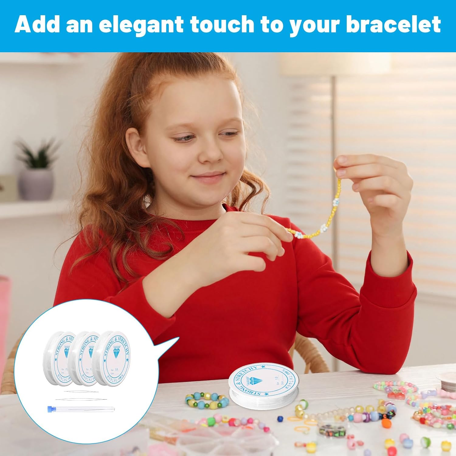 Elastic String for Bracelets, Bracelet String, 6 Rolls Premium Elastic Cord and 2 Pcs Open Beading Needle, Jewellery Elastic, Bracelet Making Kit, Perfect for DIY Jewelry and Beads Making! image number 5