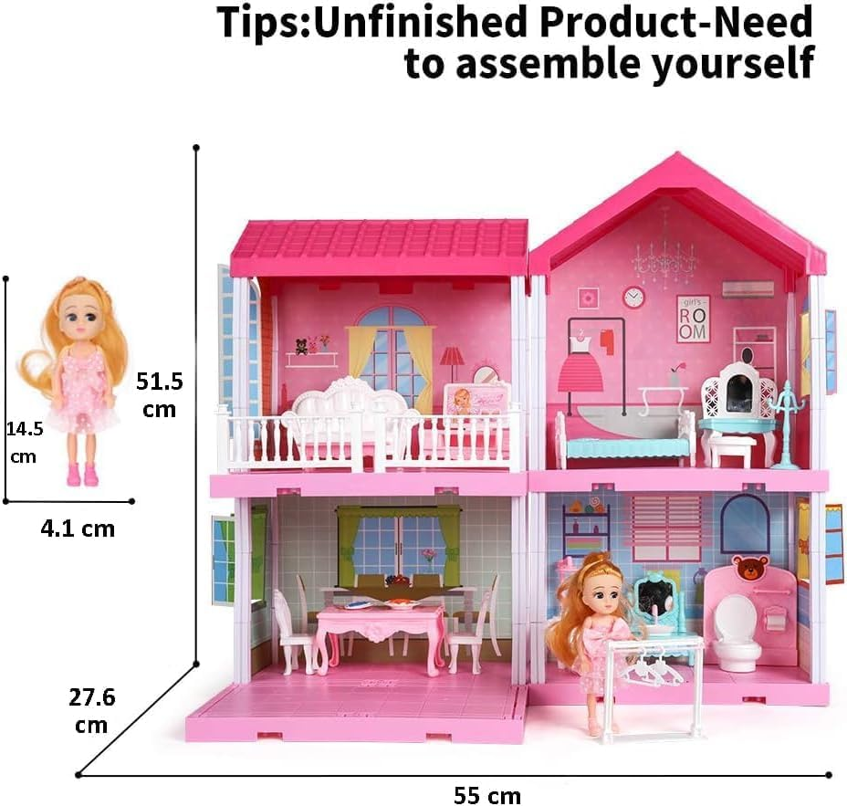 ZALLUC Dollhouse Girls Pretend Toys 4 Room- Doll Figure with Furniture, Accessories, Stairs, Pets and Dolls, DIY Cottage Pretend Play Dollhouse, for Toddlers, Boys & Girls