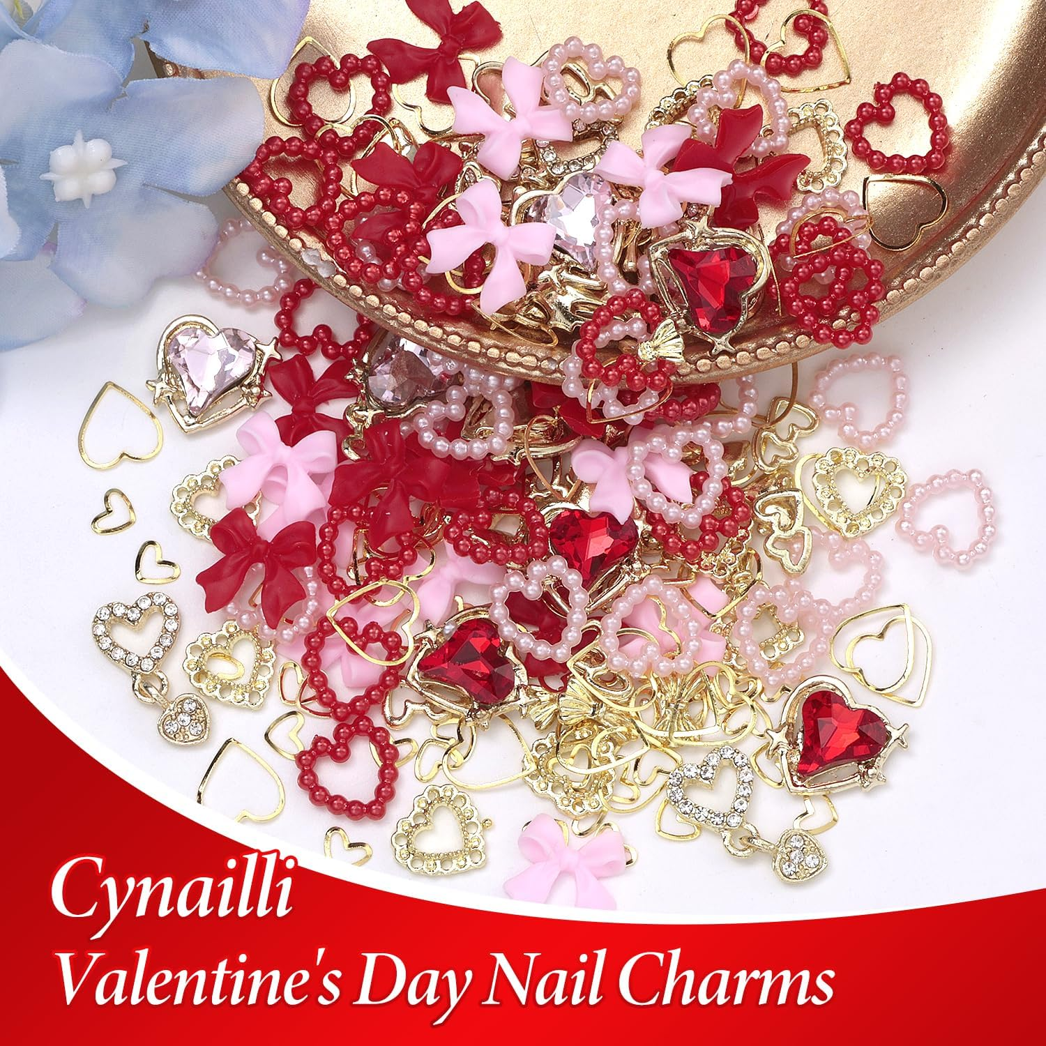 Cynailli 12Pcs 3D Valentine Gold Heart Nail Charms & Gems, Gold Alloy with Red Heart Rhinestones, Pink Heart with Bow Nail Art Supplies image number 4