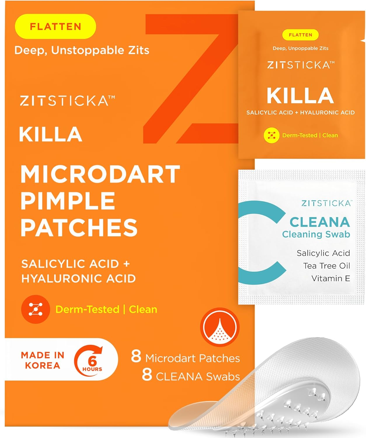 Zitsticka Killa Pimple Patches for Face - World'S Most Potent Pimple Patch with Fast-Acting Microdarts - Starts Working within 6 Hours for Deep, Early-Stage Zits - Regular 8 Count with Cleana Swab