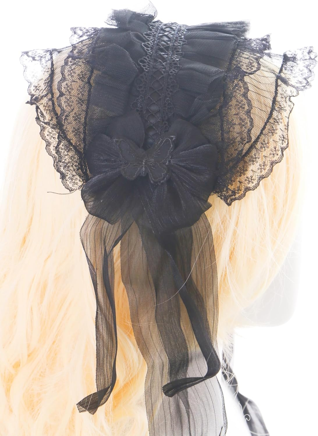 C-128 Maid Maid Lolita Lace Ruffle Headband with Bow Gothic Hair Accessories Headband Extra Wide Black image number 3