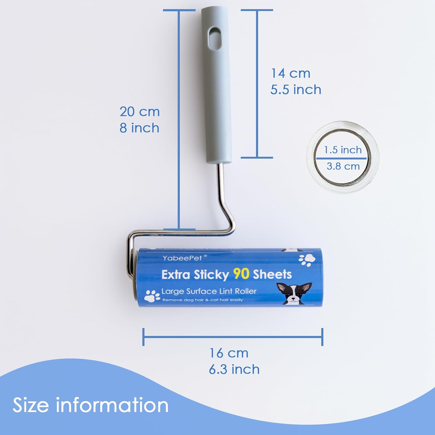 Extra Sticky Large Surface Lint Roller, 6.3''/16Cm Giant Pet Hair Remover Roller for Pet Dog Cat Hair, Clothes&Furniture Cleaning, 90 Sheets (1 Roller + 2 Refills) image number 6